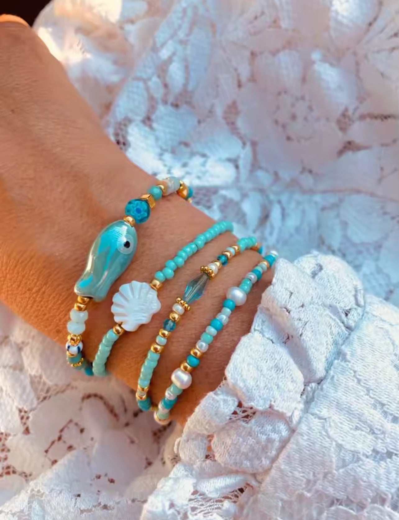 Bijoux ensemble de bracelet turquoise poisson avec perles 18